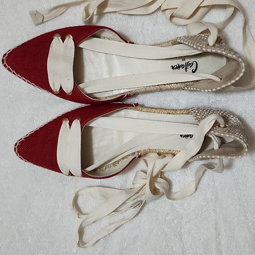 Manolo Blahnik Red and Cream Pointed Espadrille Flats with Lace Ties